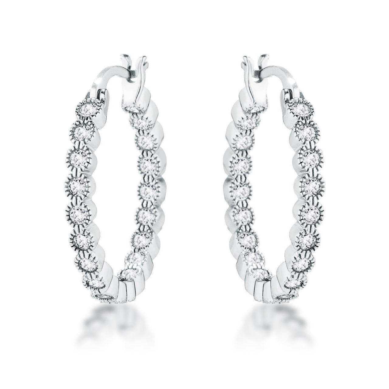 Rhodium Plated Dotted Clear CZ Round Bezel Hoop Earrings