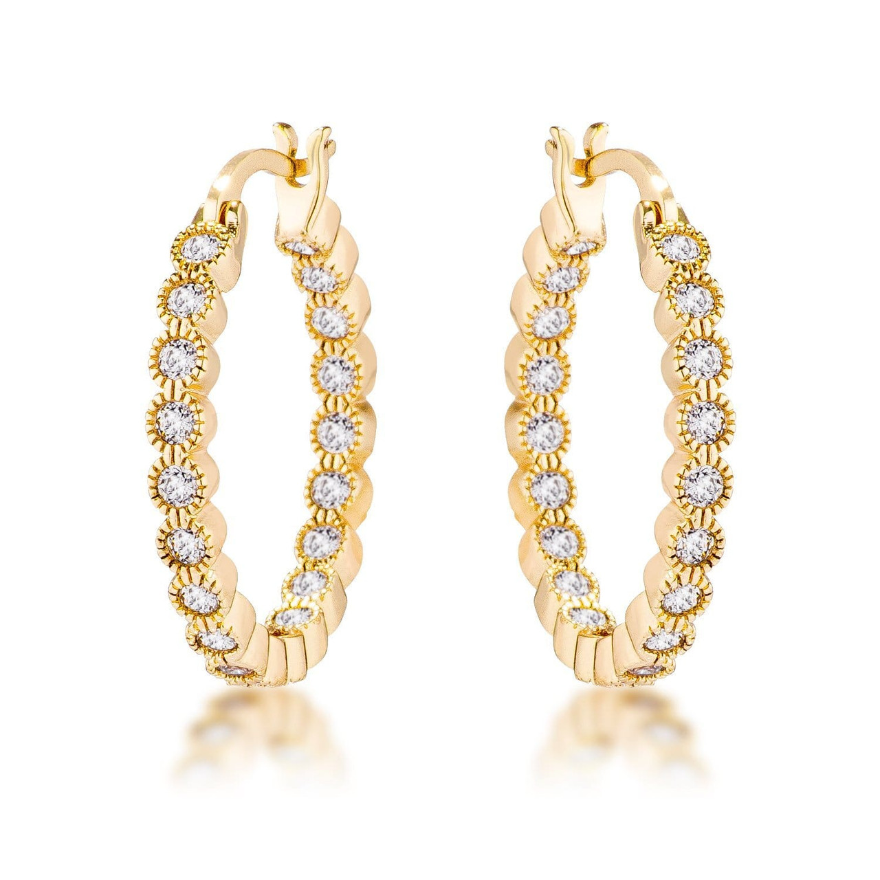 Gold Plated Dotted Clear CZ Round Bezel Hoop Earrings