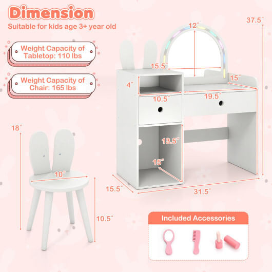 Kids Vanity Desk and Chair Set with Lights  Open Shelves-White