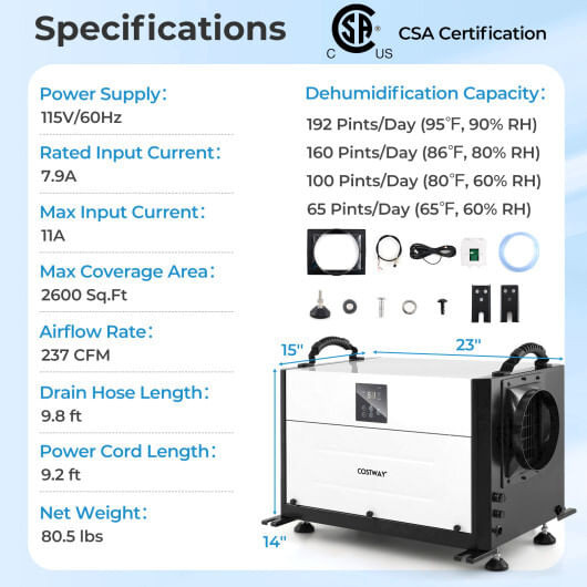 192 Pint Crawl Space Dehumidifier with 3 Modes and 24H Timer-Blue
