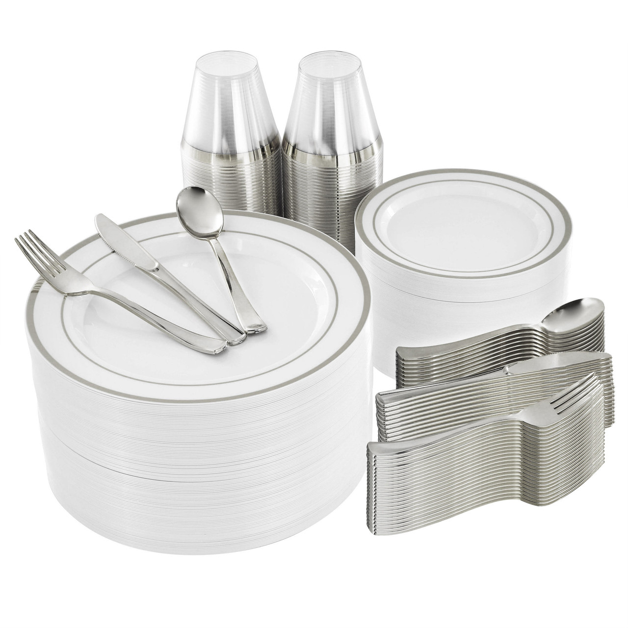 Elama 600 Piece Disposable Plastic Dinnerware Party Set for 100 Guests in White with Silver Trim