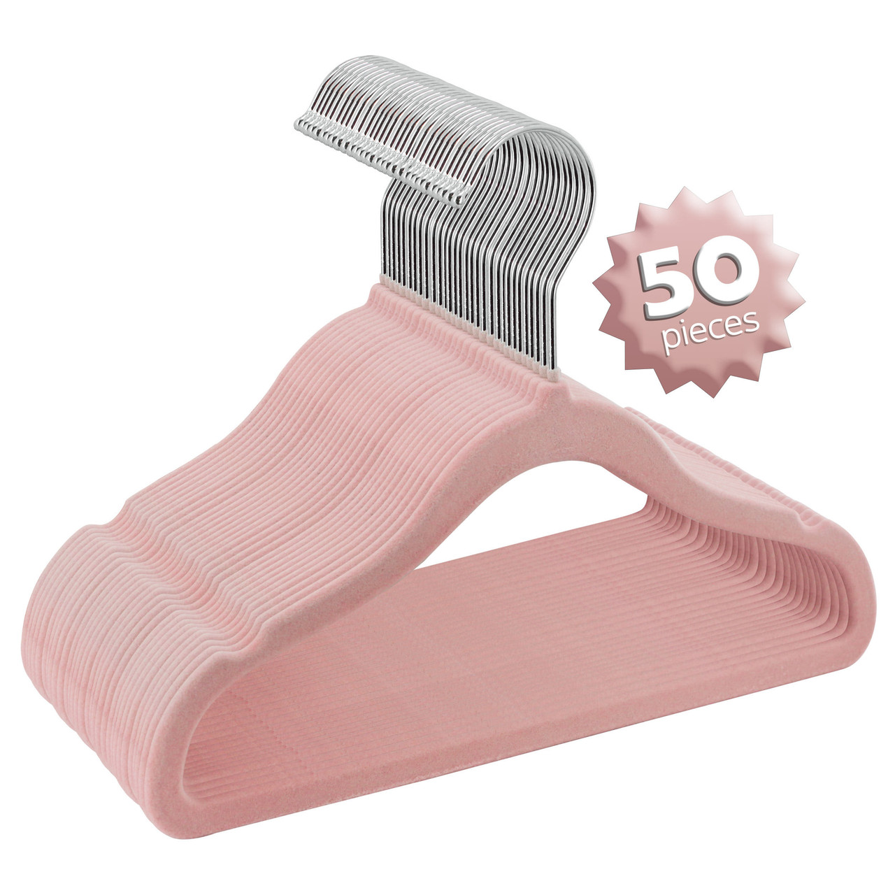 Elama Home 50 Piece Kids Non-Slip Velvet Cloths Hangers with Notched Shoulders in Pink