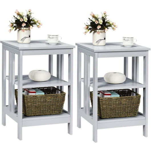 2 Pieces 3-Tier Nightstand with Reinforced Bars and Stable Structure-Dark Brown