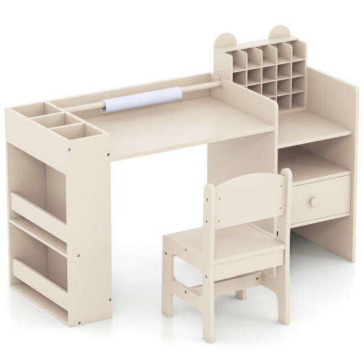 Kids Art Table and Chair Set with Detachable Paper Roll Holder and Cabinet-White