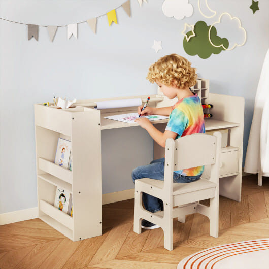 Kids Art Table and Chair Set with Detachable Paper Roll Holder and Cabinet-White