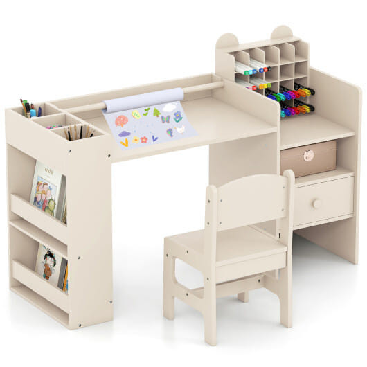 Kids Art Table and Chair Set with Detachable Paper Roll Holder and Cabinet-White