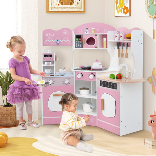 Corner Wooden Play Kitchen with Coffee Machine and Slide for Kids-Brown