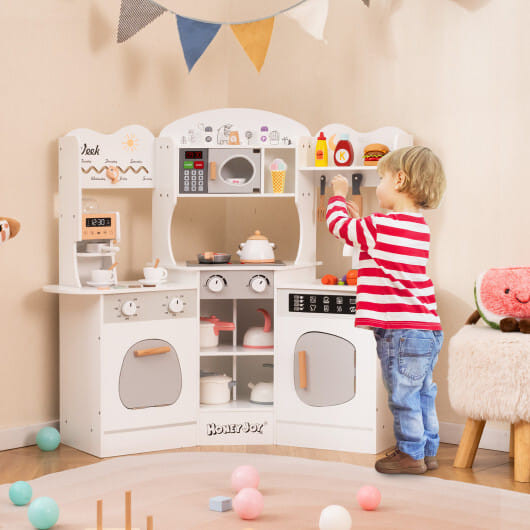 Corner Wooden Play Kitchen with Coffee Machine and Slide for Kids-Brown