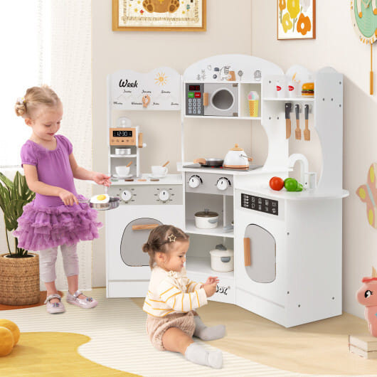 Corner Wooden Play Kitchen with Coffee Machine and Slide for Kids-Brown