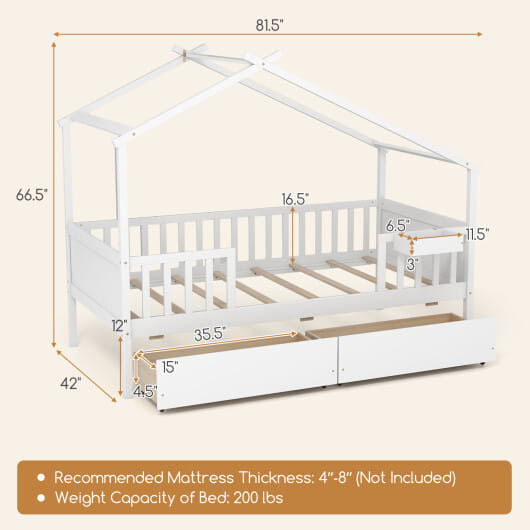Twin House Bed with 2 Storage Drawers and Roof & Fence Rails-White