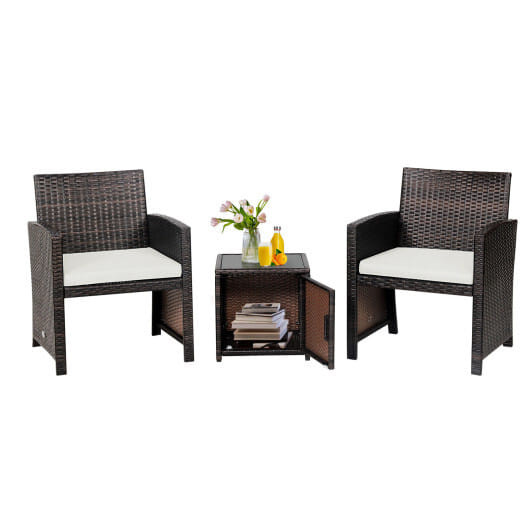 3 Pieces Patio Wicker Furniture Set with Storage Table and Protective Cover-Off White