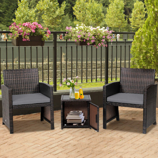 3 Pieces Patio Wicker Furniture Set with Storage Table and Protective Cover-Off White