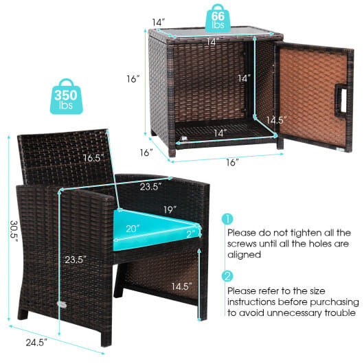 3 Pieces Patio Wicker Furniture Set with Storage Table and Protective Cover-Off White