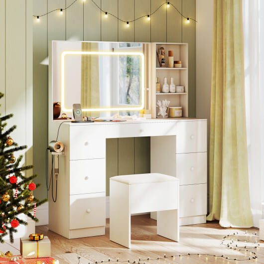 Vanity Desk with Mirror and Lights Makeup Dressing Table Vanity Table and Stool Set-White