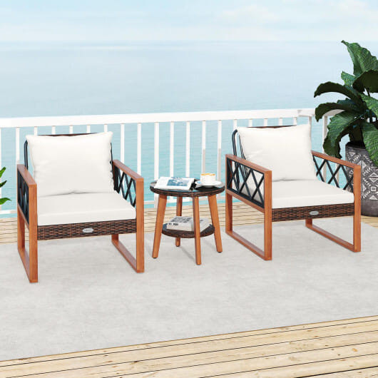 3 Pieces Patio Furniture Set with Tempered Glass Top Table and Soft Cushions-Off White