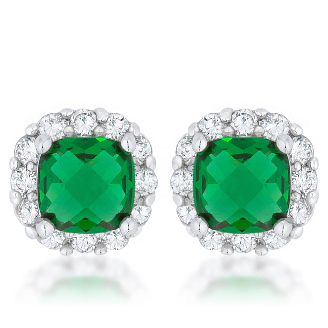 Liz 2ct Emerald CZ Rhodium Classic Cushion Stud Earrings