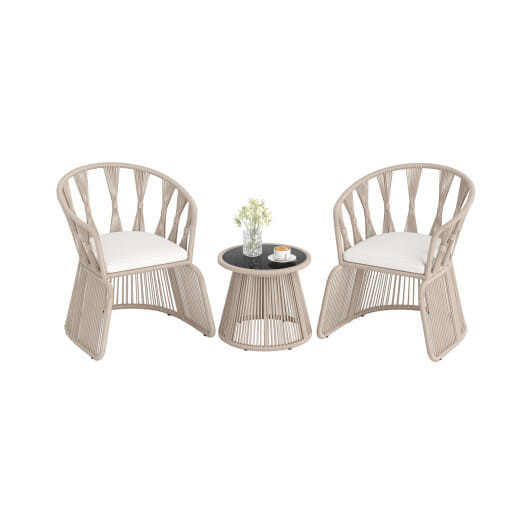 3 Pieces Patio Leisure Chair Set with Rope-Woven Armchairs and Seat Cushions-Off White