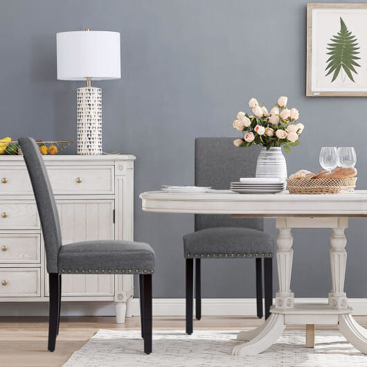 Set of 2 Fabric Upholstered Dining Chairs with Nailhead-Light Gray