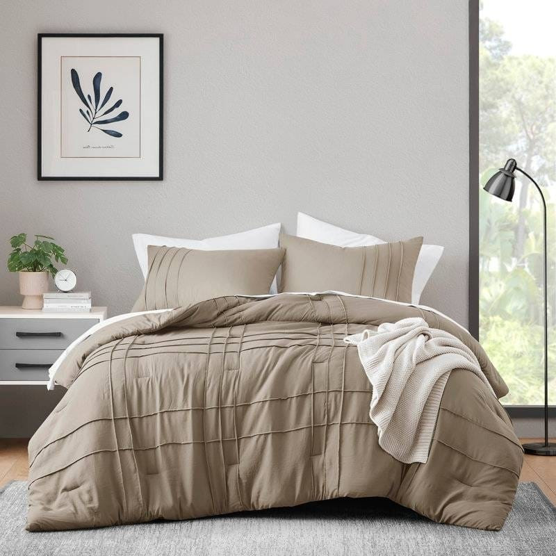 Queen size Microfiber Pleated Soft Lightweight Comforter Set Tan Khaki Taupe