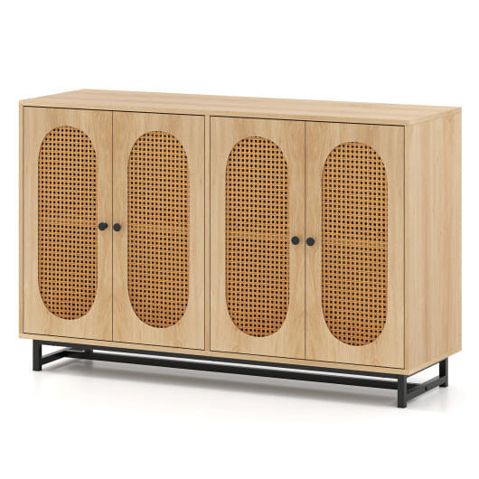 50 Inch Buffet Sideboard Cabinet with 4 Rattan Doors and Adjustable Shelves-Natural