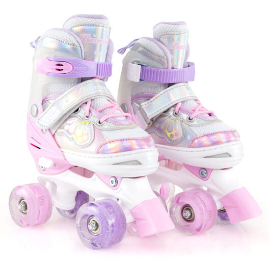 Kids Roller Skates 4 Sizes Adjustable Quad Skates with Light-up Wheels and Safety Protection-Rose R