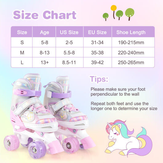 Kids Roller Skates 4 Sizes Adjustable Quad Skates with Light-up Wheels and Safety Protection-Rose R