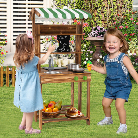 Double-Sided Mud Kitchen with Canopy and Chalkboard for 3+ Years Old-Natural