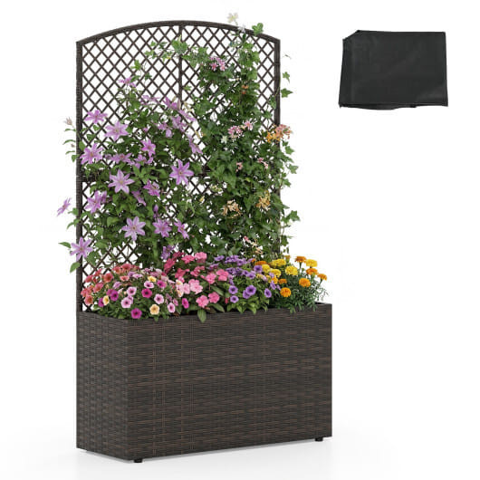 49 Inch Raised Garden Bed with Trellis and Wicker Planter Box-Brown