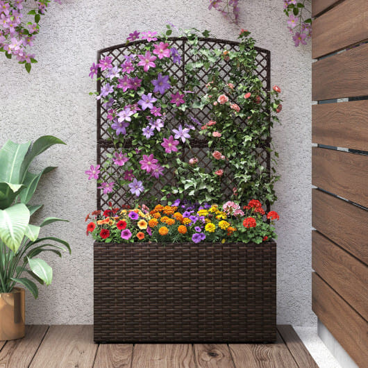49 Inch Raised Garden Bed with Trellis and Wicker Planter Box-Brown