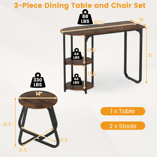 3-Piece Industrial Dining Table Set for Small Space-Black