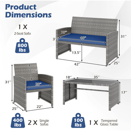 4 Piece Patio Conversation Set Rattan Chair Loveseat and Table Set-Navy