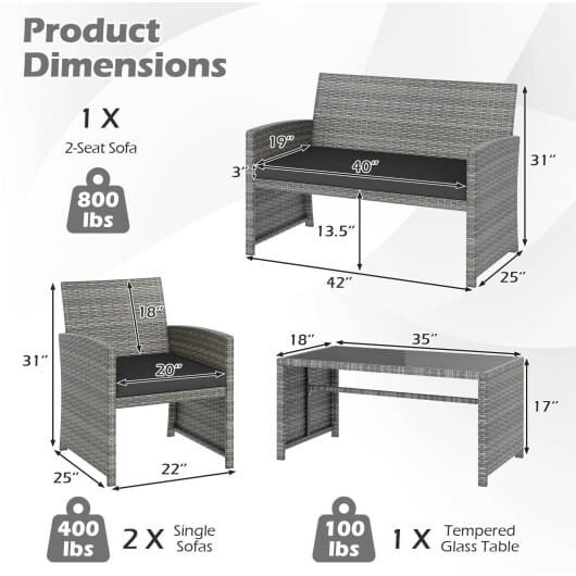 4 Piece Patio Conversation Set Rattan Chair Loveseat and Table Set-Navy