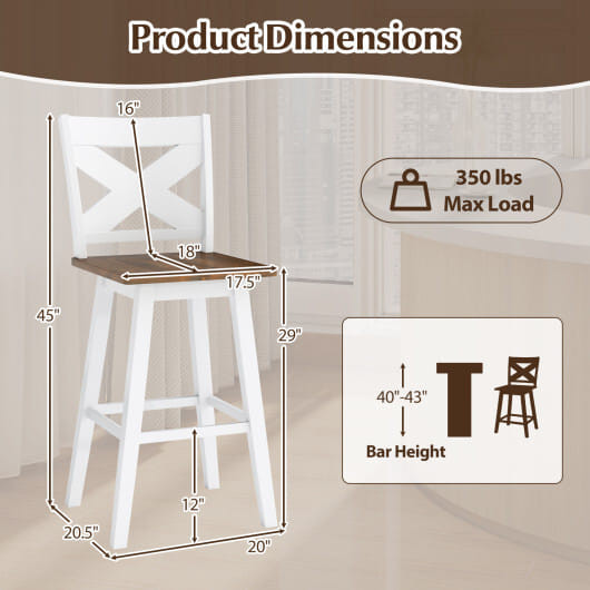 29" Rubberwood Swivel Barstools Set of 4 with Backrest and Large Seat-White