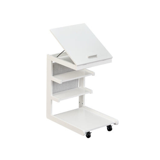 C-shaped End Table with Wheels and Adjustable Desktop for Sofa Couch Bedside-Natural