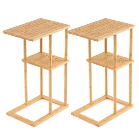 Side Table Set of 2 with Storage Shelves and Bamboo Construction-Natural