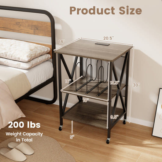 Mid-Century Record Player Stand with Built-in Charging Station-Rustic Brown