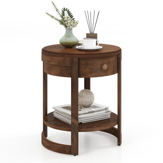 2-Tier Round End Table Mid Century Modern Nightstand-White
