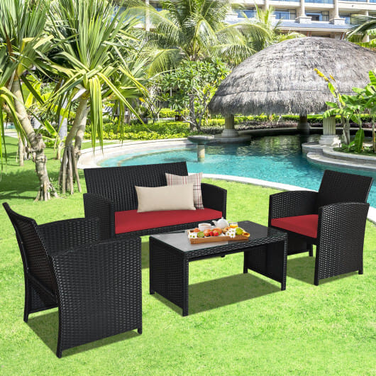 4 Pieces Rattan Patio Furniture Set with Weather Resistant Cushions and Tempered Glass Tabletop-Whi