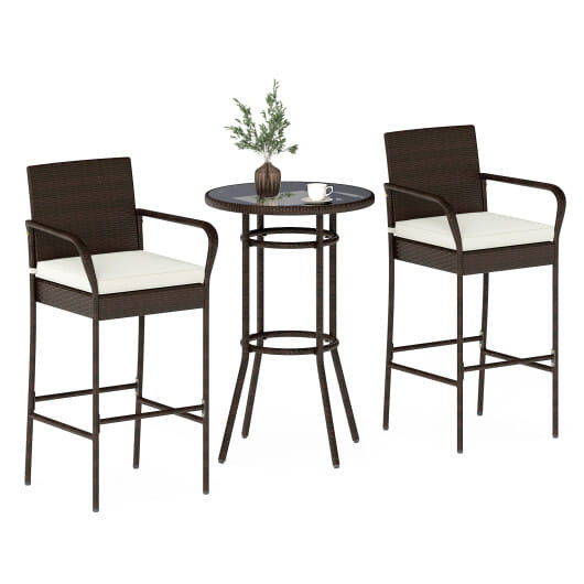 Patio Rattan Bar Height Table and Chairs with 2 Seat Cushions for Porch-White