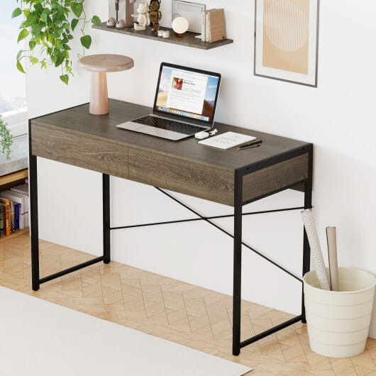 Computer Desk with 2 Drawers 44 Inch Home Office Desk with Metal Frame-Oak