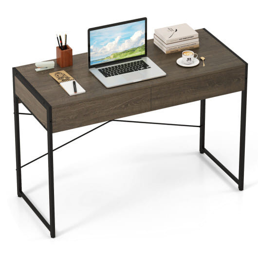 Computer Desk with 2 Drawers 44 Inch Home Office Desk with Metal Frame-Oak