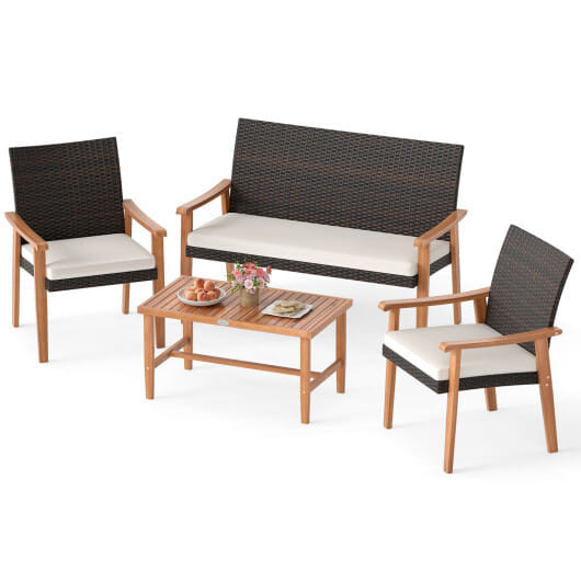 4 Piece Patio Furniture Set PE Rattan Porch Chairs with Acacia Wood Coffee Table and Soft Cushions-