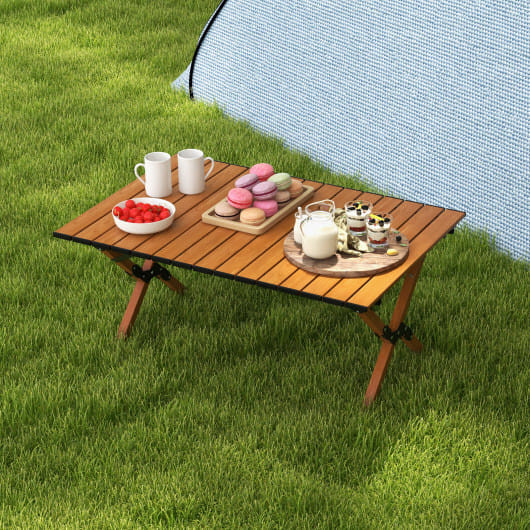 Folding Lightweight Aluminum Camping Table with Wood Grain-L