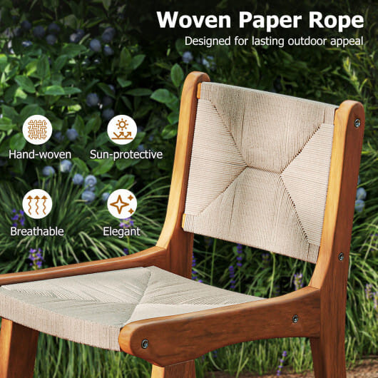Set of 1 Outdoor Counter Height Bar Stool Woven Paper Rope Patio Barstool with Teak Wood Frame