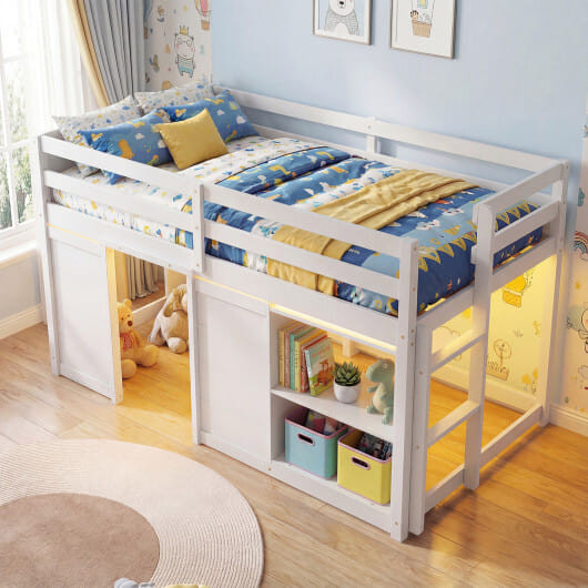 Wooden Low Kids Loft Bed with  LED Lights and 2 Doors-Gray