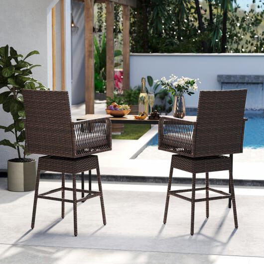 29 Inches Patio 360 Swivel Bar Stool with Cross-Woven Armrests and Seat Cushion-White