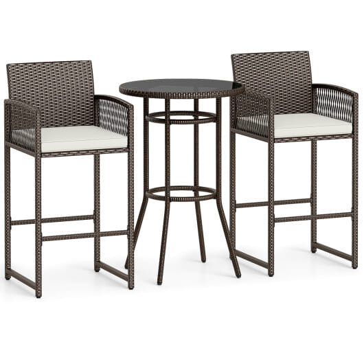 3 Piece Patio Bar Set Outdoor Wicker Bar Height Round Table and Armchairs-White