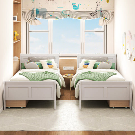 Twin Size Sleigh Bed with 2 Storage Drawers Wood Platform Bed Frame-White