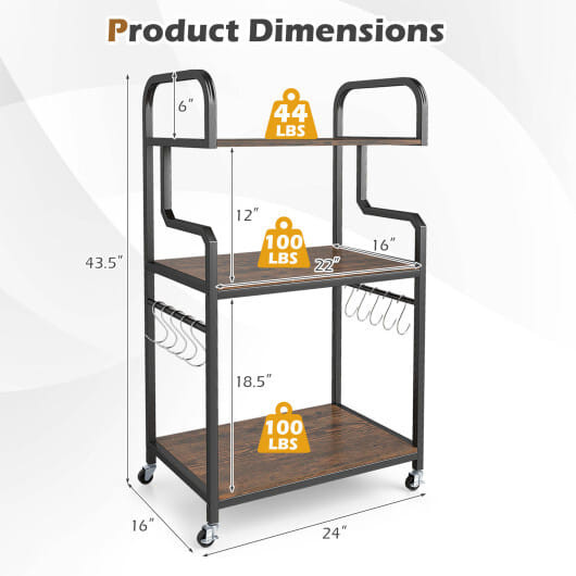 3-Tier Rolling Printer Stand Home Office Large Printer Cart with Storage Shelves-Rustic Brown