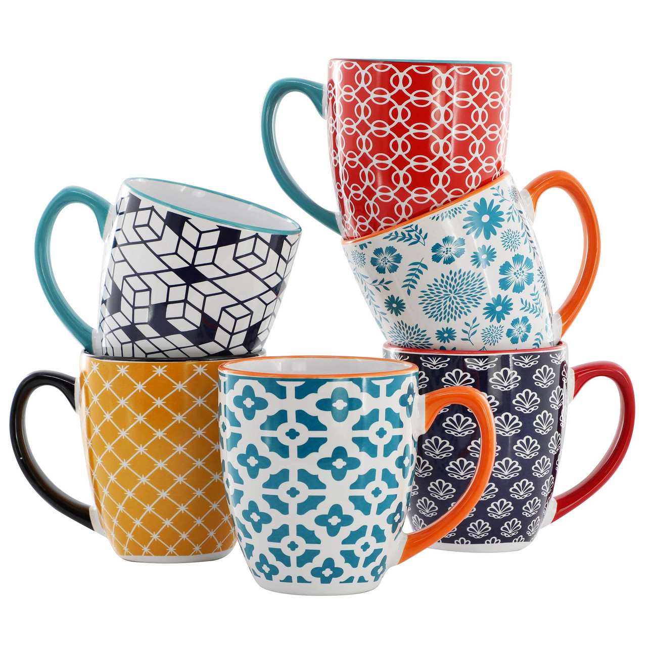 Elama Rory 6 Piece 16 Ounce Assorted Design Stoneware Mug Set in Assorted Colors